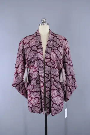 1960s Vintage Haori Silk Kimono Jacket with Purple & White Shibori Clouds