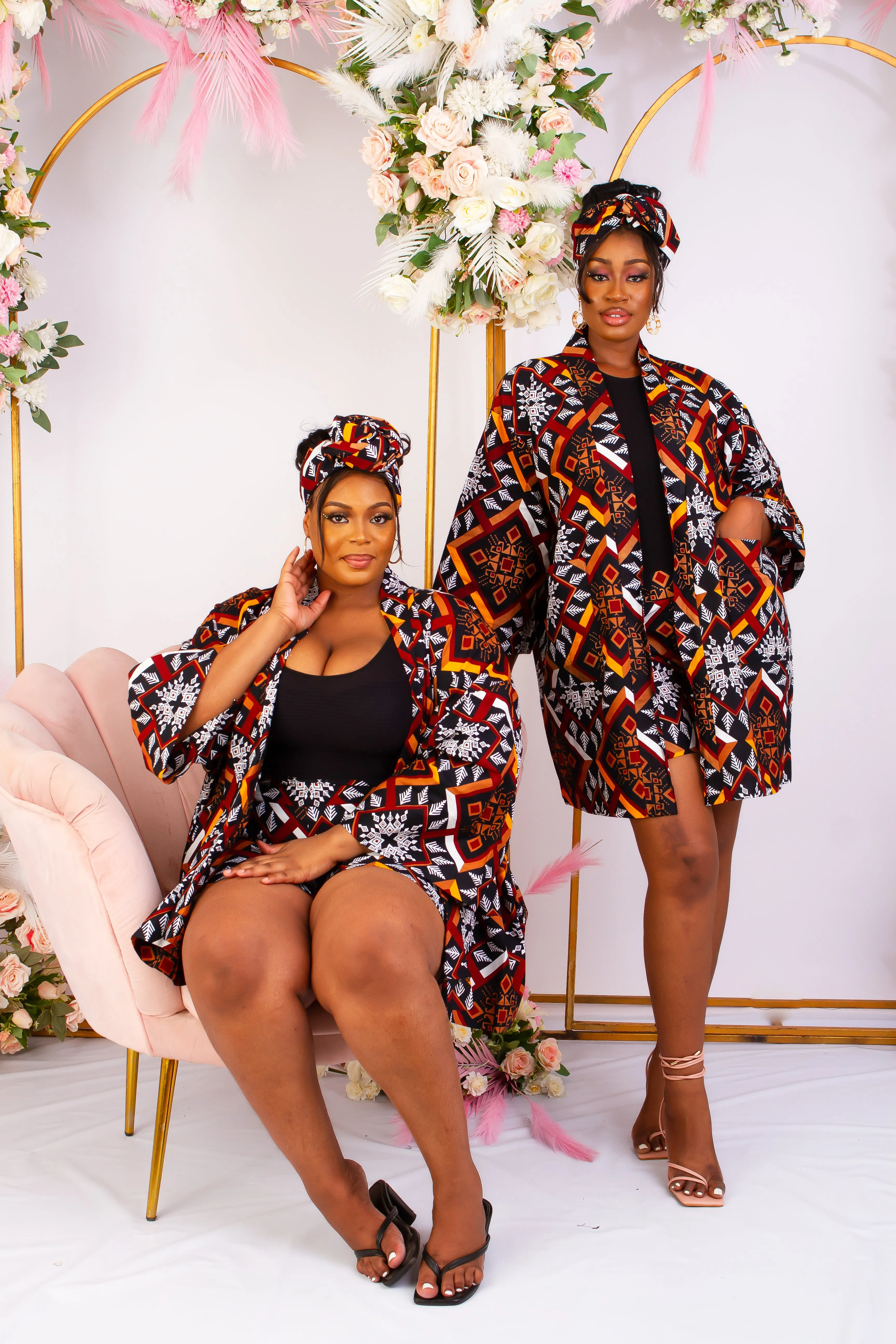 2 pcs African Tribal Print Kimono Jacket with matching Headwrap - Mmasi