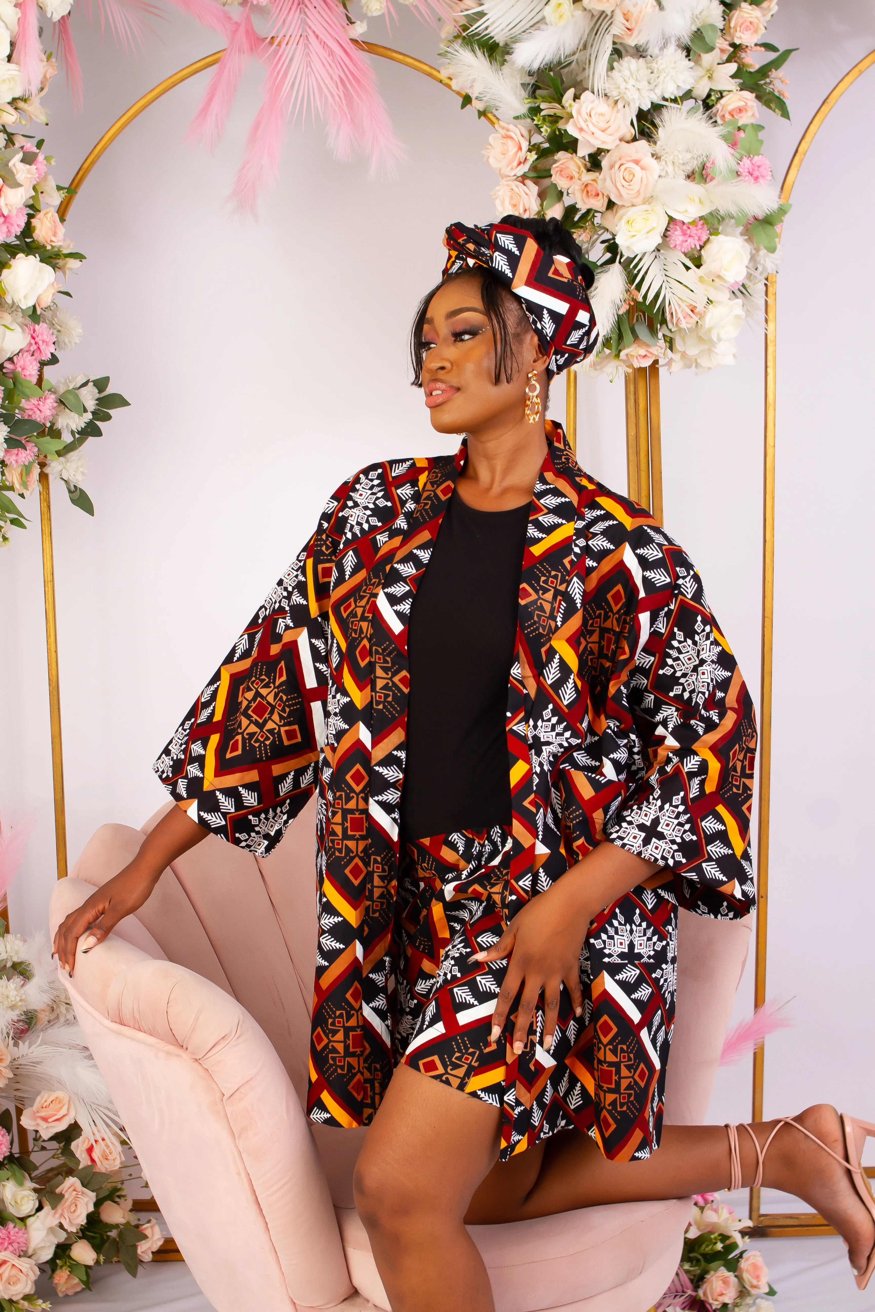 2 pcs African Tribal Print Kimono Jacket with matching Headwrap - Mmasi