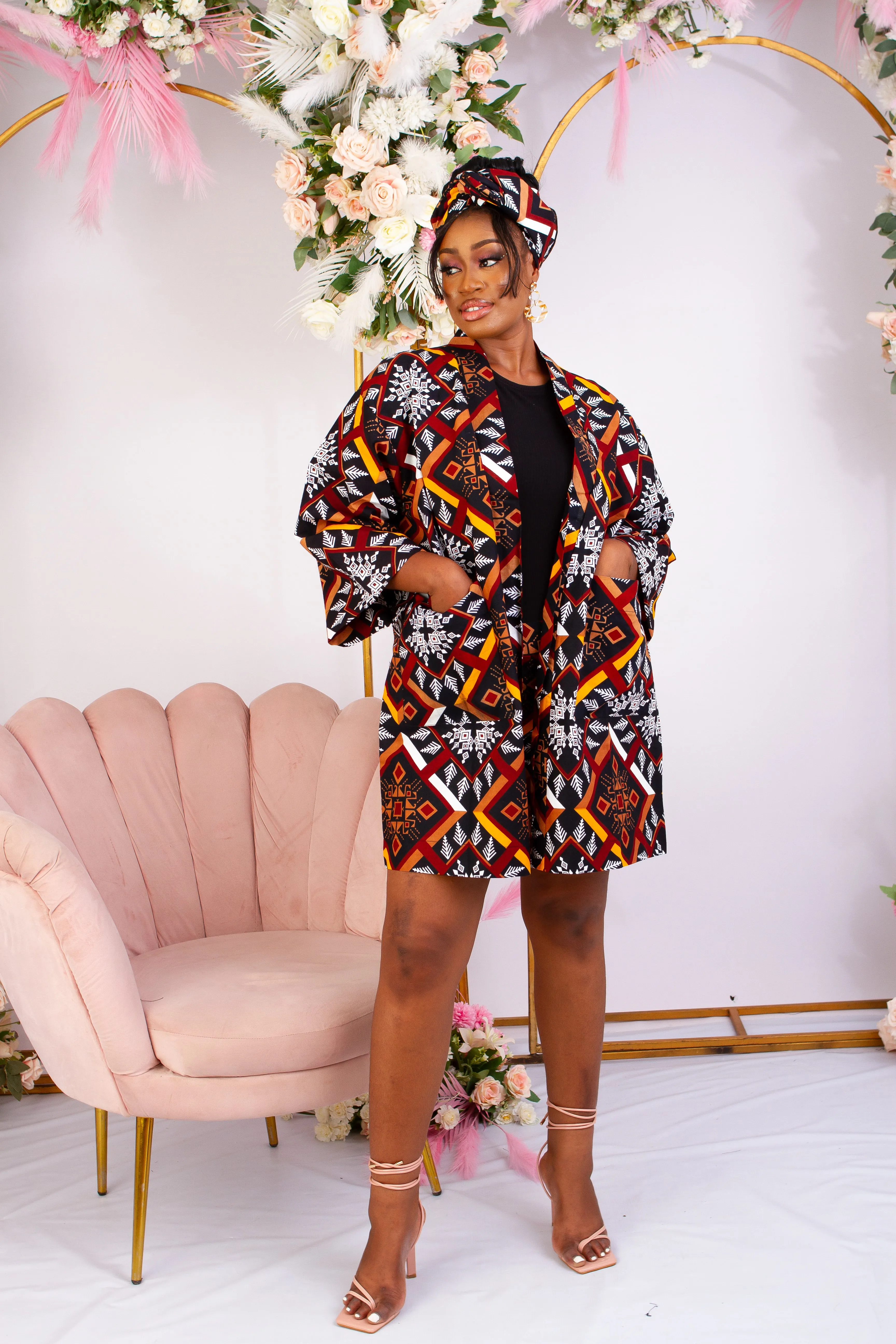 2 pcs African Tribal Print Kimono Jacket with matching Headwrap - Mmasi