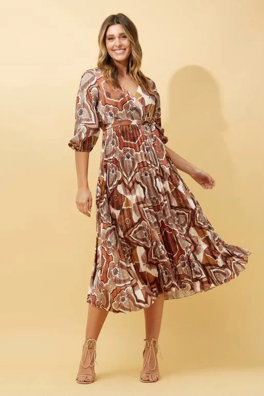 3/4 Sleeve Printed Dress with Pleats - Multi Beige