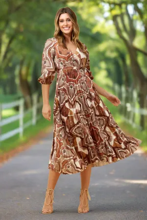 3/4 Sleeve Printed Dress with Pleats - Multi Beige