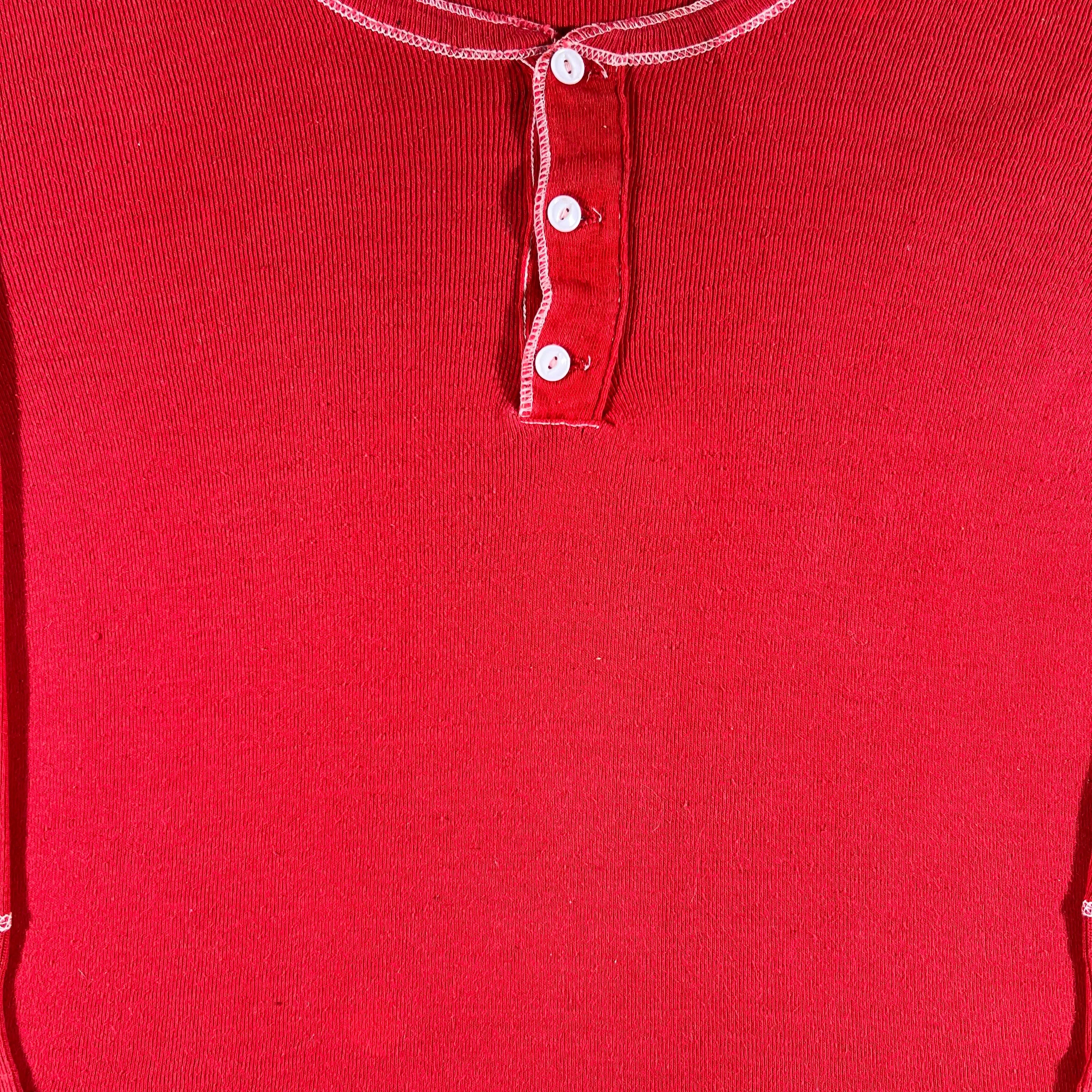 70s Red Contrast Stitch Cotton Thermal- M