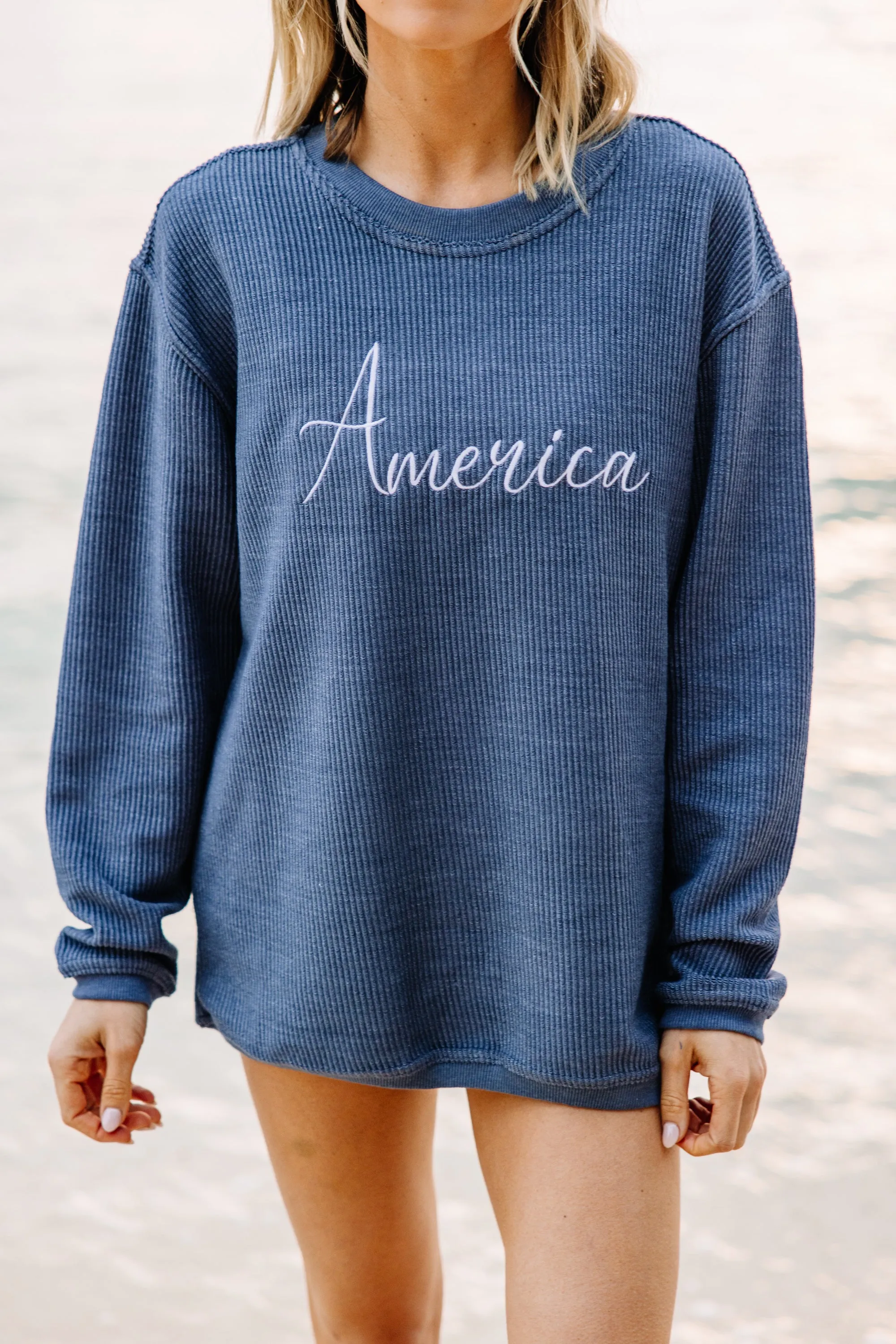 America Navy Blue Corded Embroidered Sweatshirt