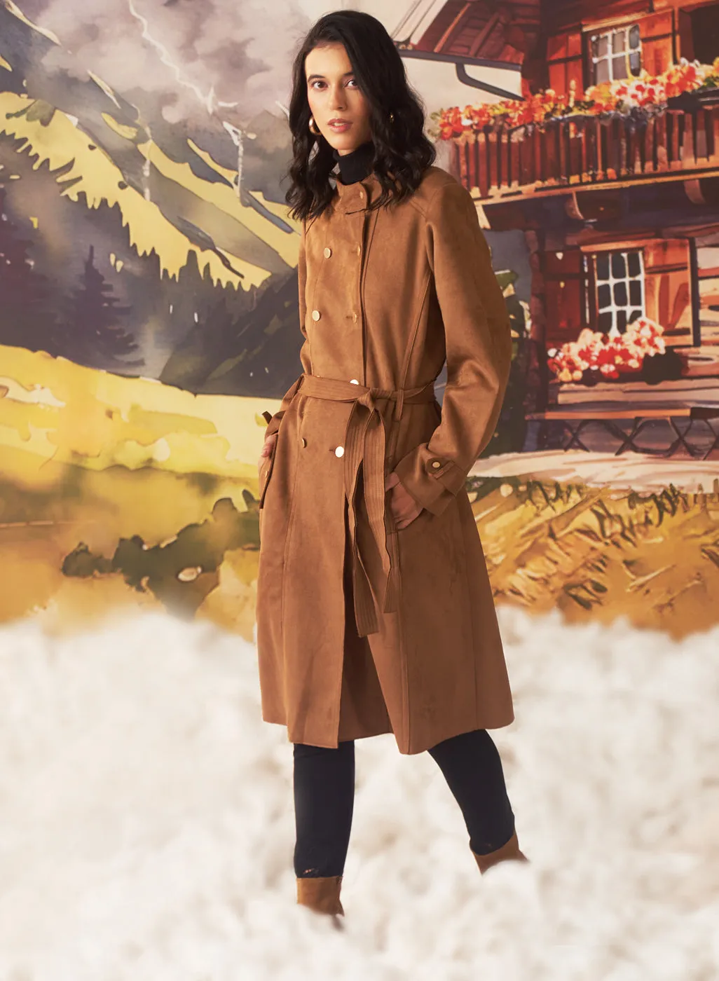 Bella Tan Monochrome Suede Long Coat for Women