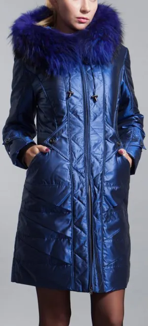 Blue Fur-Hooded Quilted Down Coat