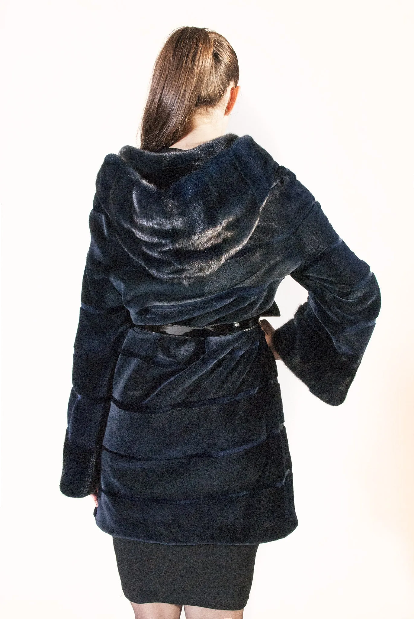 Blue Horizontal  Hooded Sheared Mink Jacket