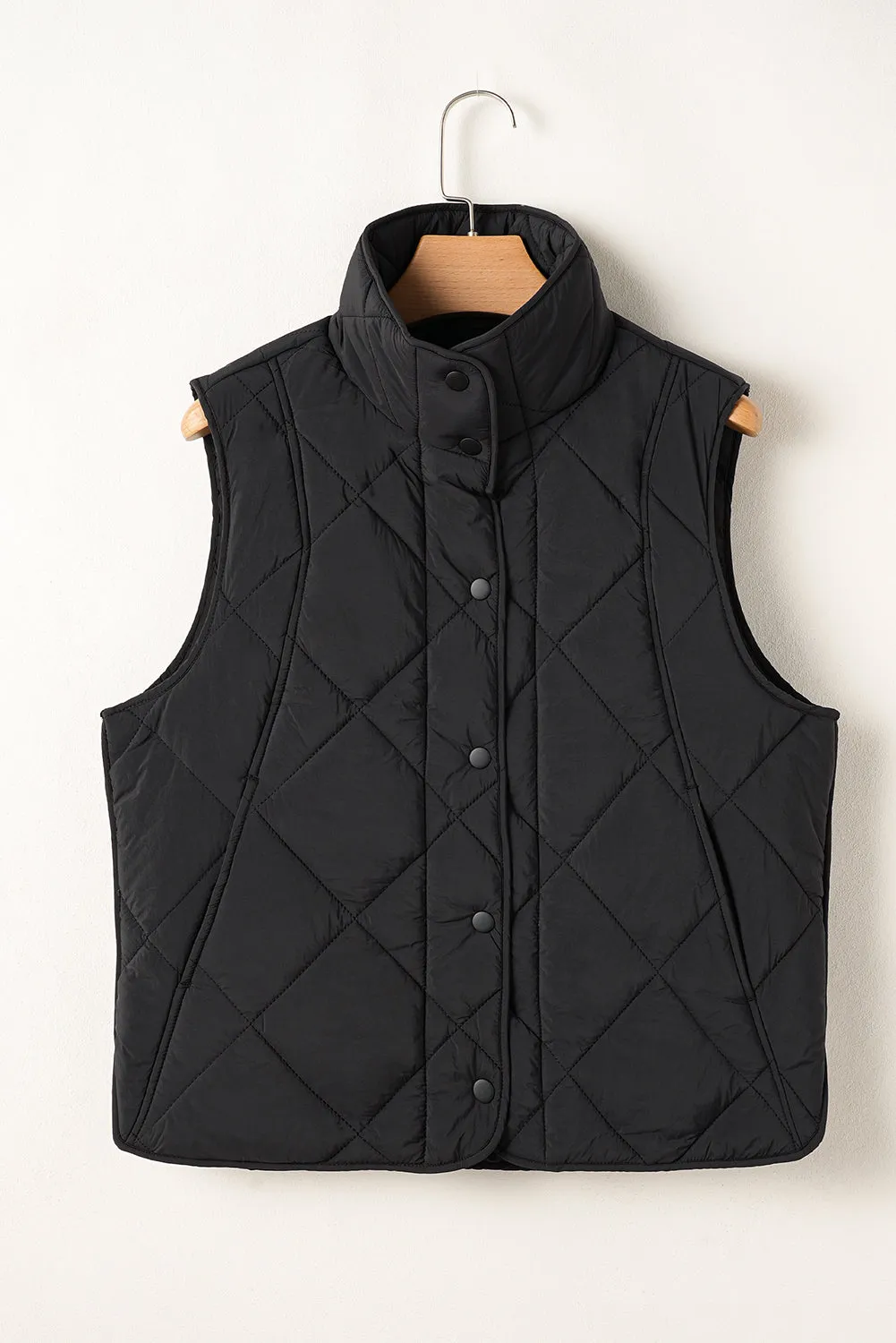 Blue Zone Planet |  Black Quilted High Neck Button Up Pocket Vest Coat