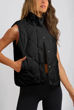 Blue Zone Planet |  Black Quilted High Neck Button Up Pocket Vest Coat