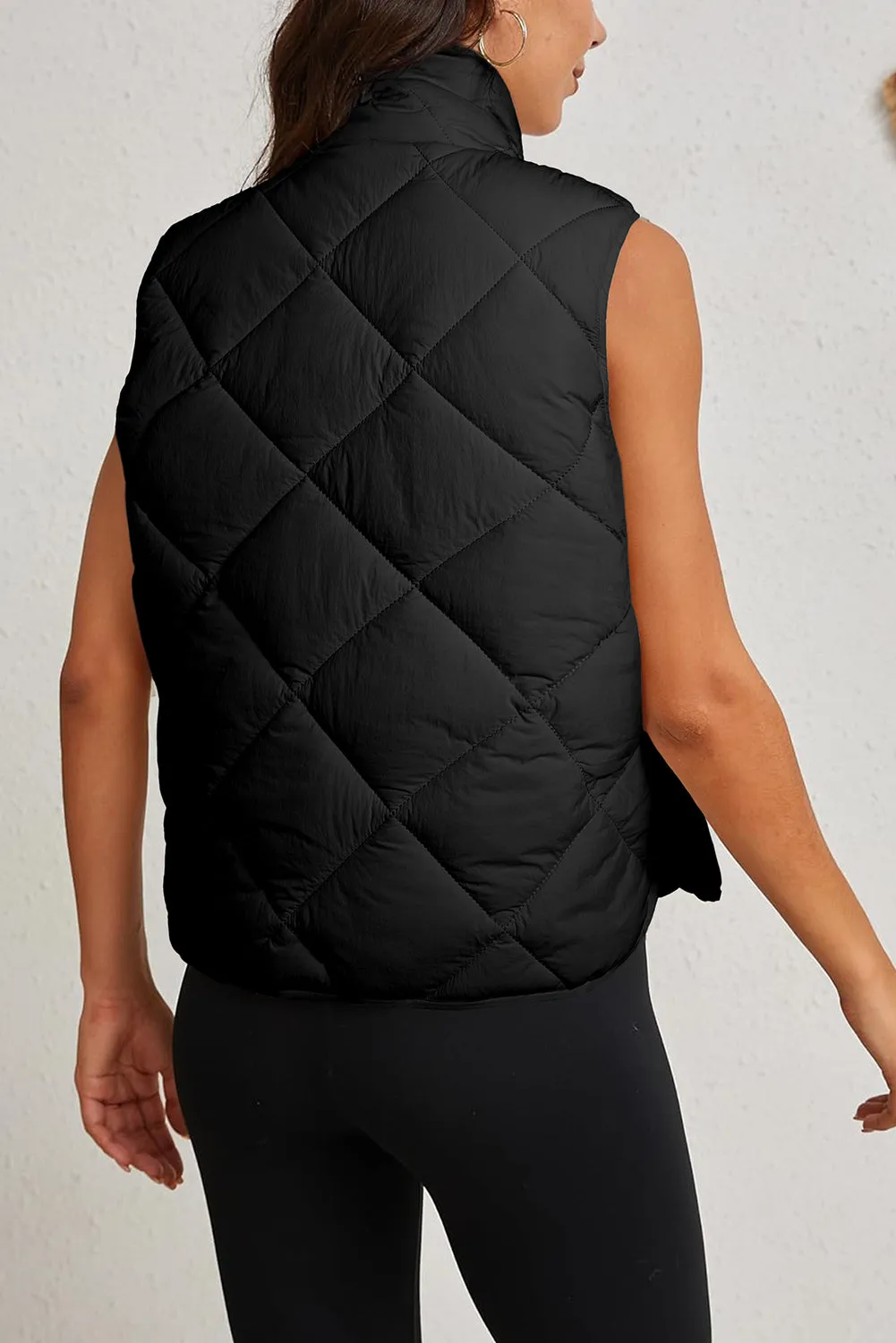 Blue Zone Planet |  Black Quilted High Neck Button Up Pocket Vest Coat