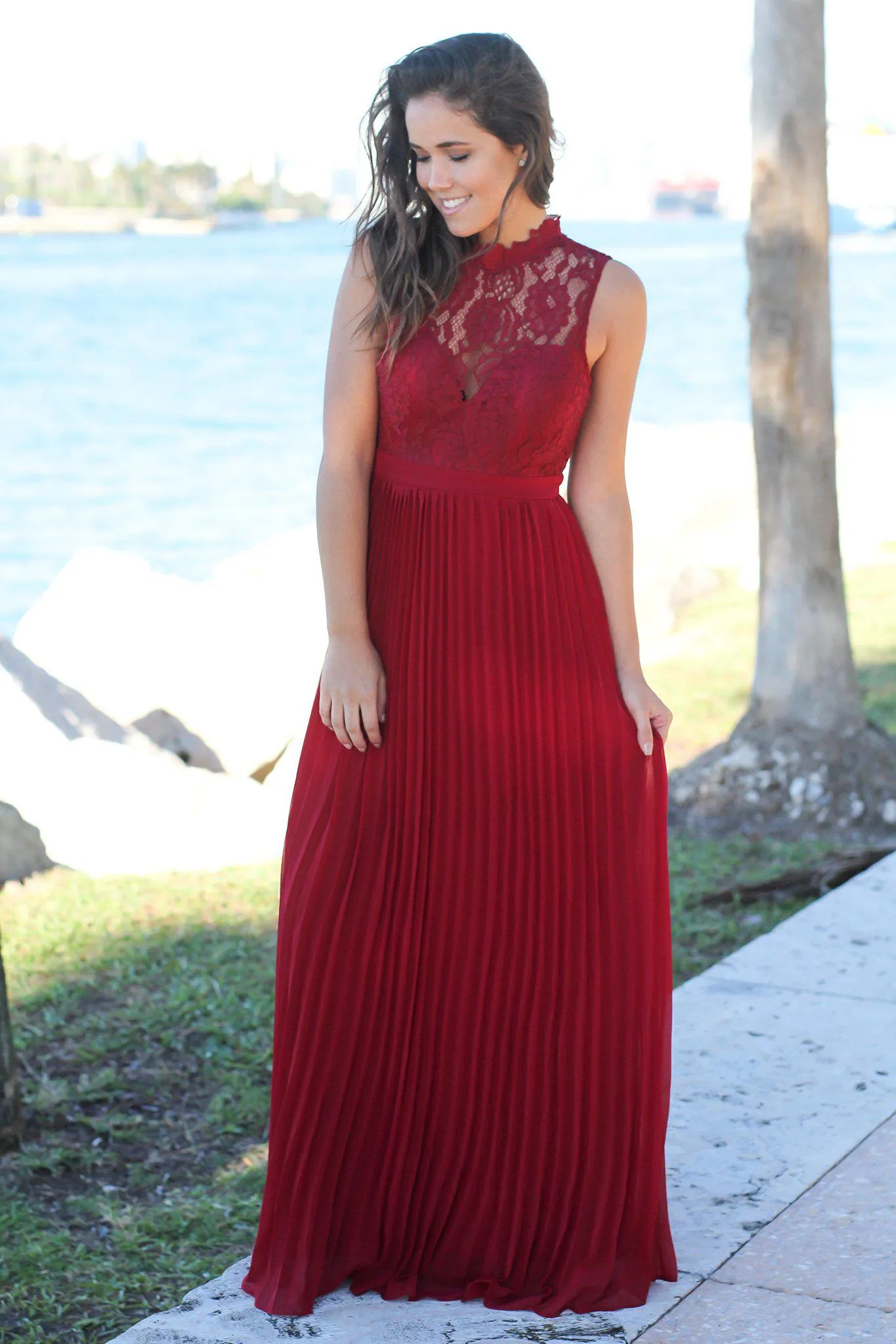 Burgundy Lace Maxi Dress with Pleated Skirt