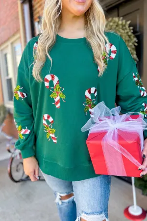 Candy Cane Sequine Long Sleeve Pullover Sweatshirt