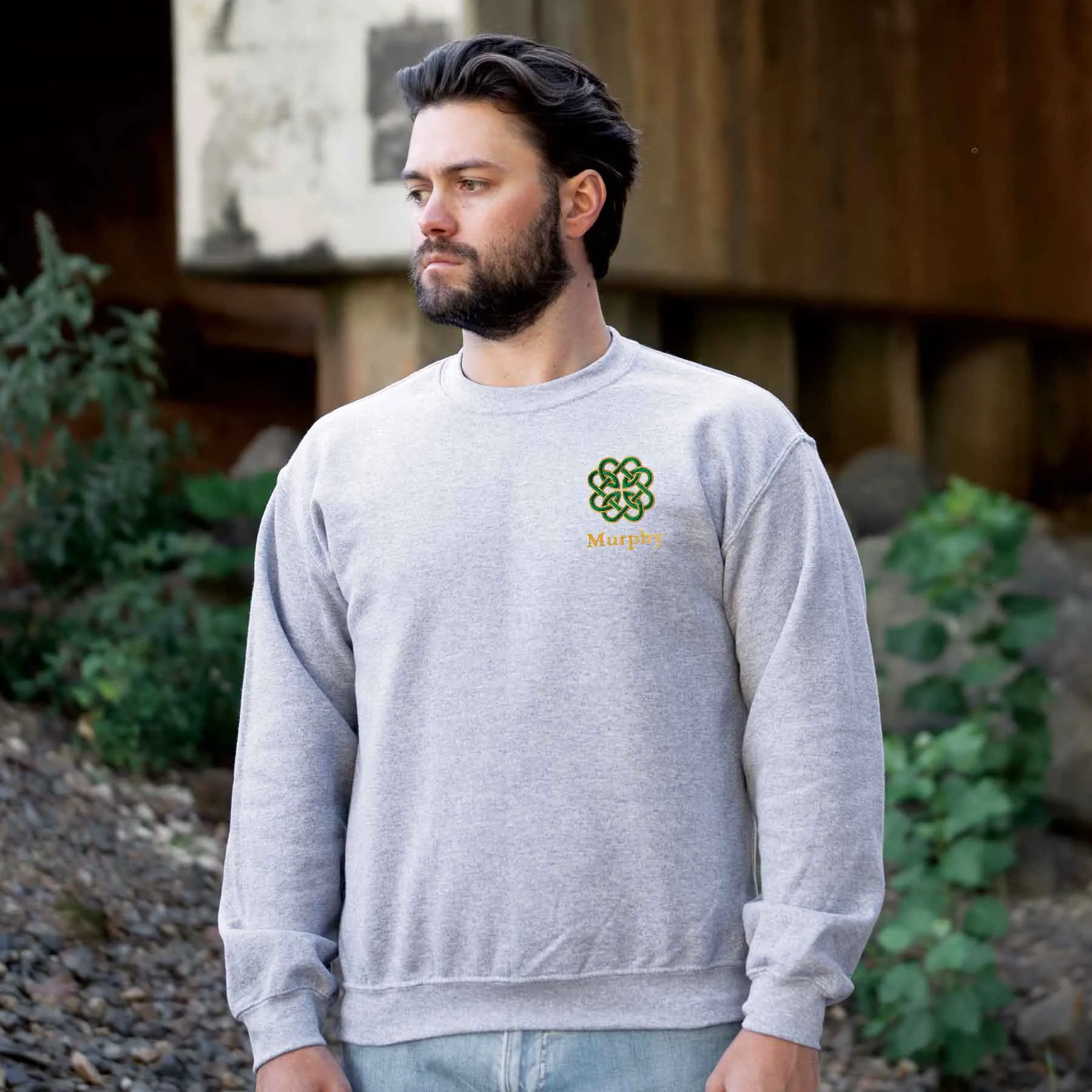 Celtic Clover Knot Embroidered Personalized Sweatshirt- Gray