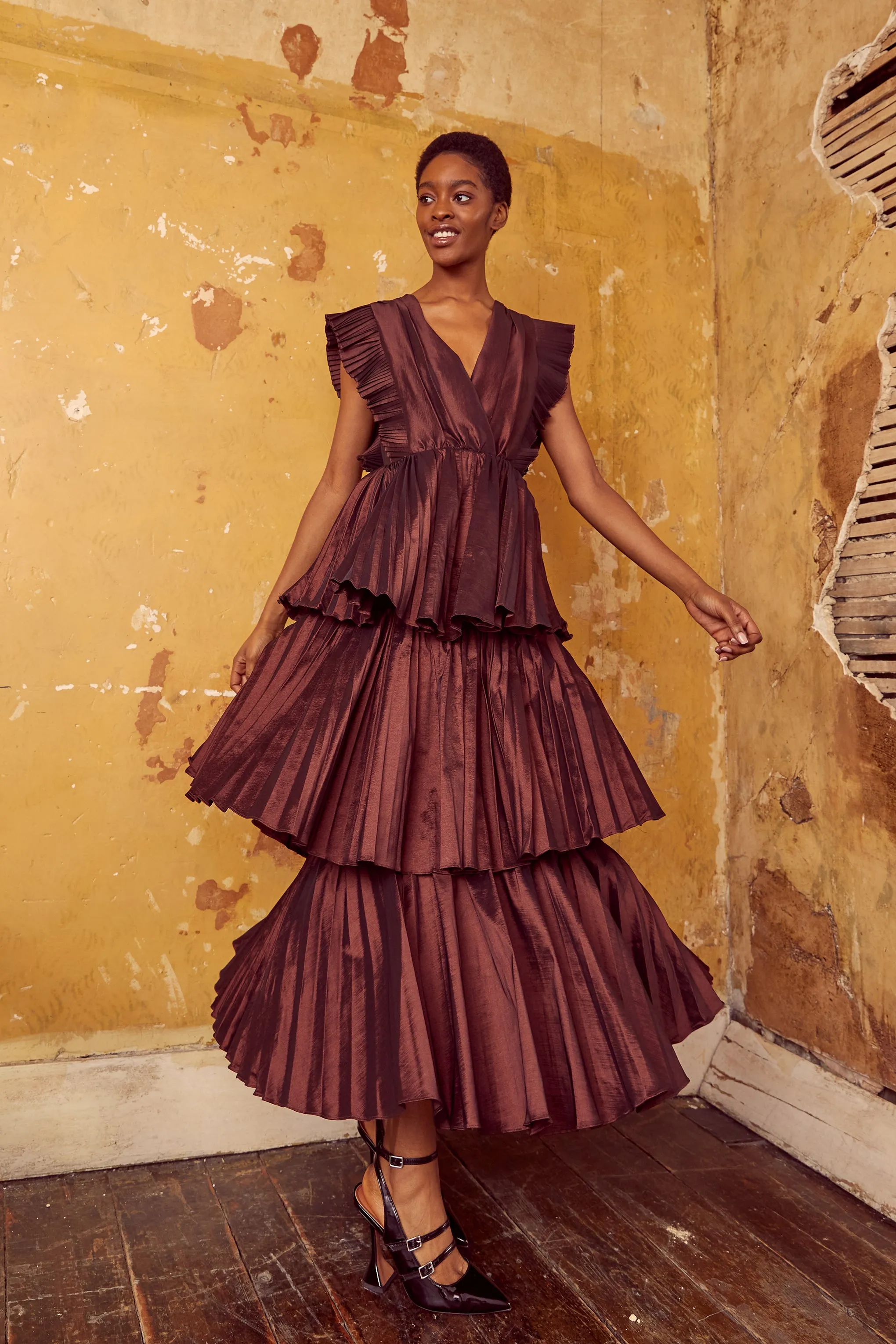 Chocolate Taffeta Pleated Tiered Midaxi Dress