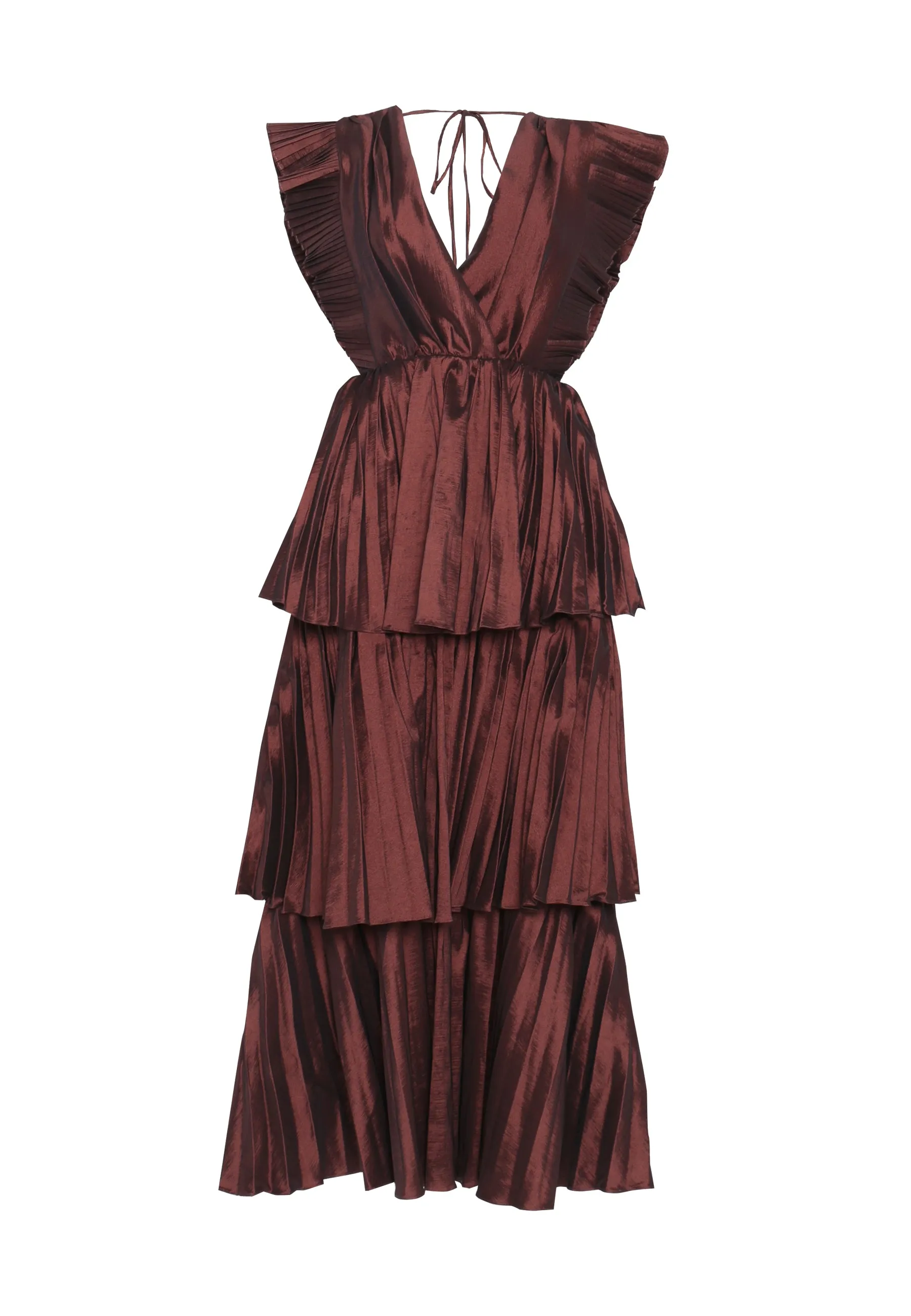 Chocolate Taffeta Pleated Tiered Midaxi Dress