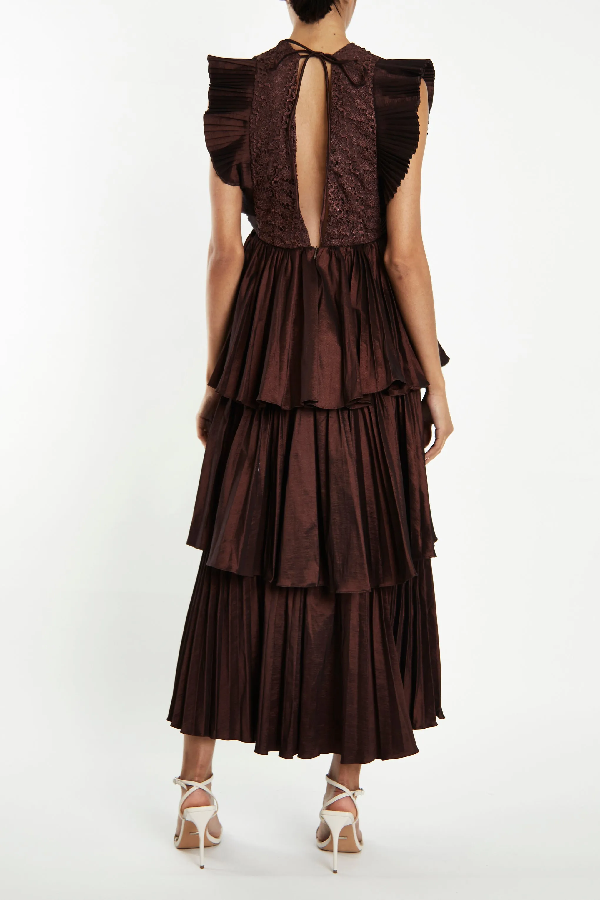 Chocolate Taffeta Pleated Tiered Midaxi Dress