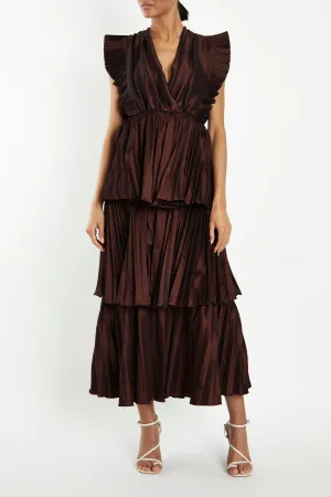 Chocolate Taffeta Pleated Tiered Midaxi Dress