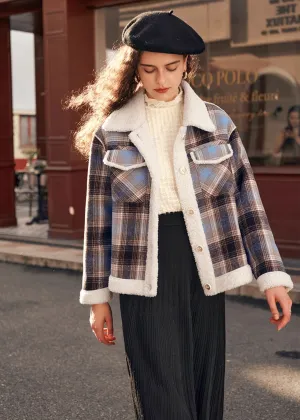 Classic Plaid Wool Fur Button Short Jacket