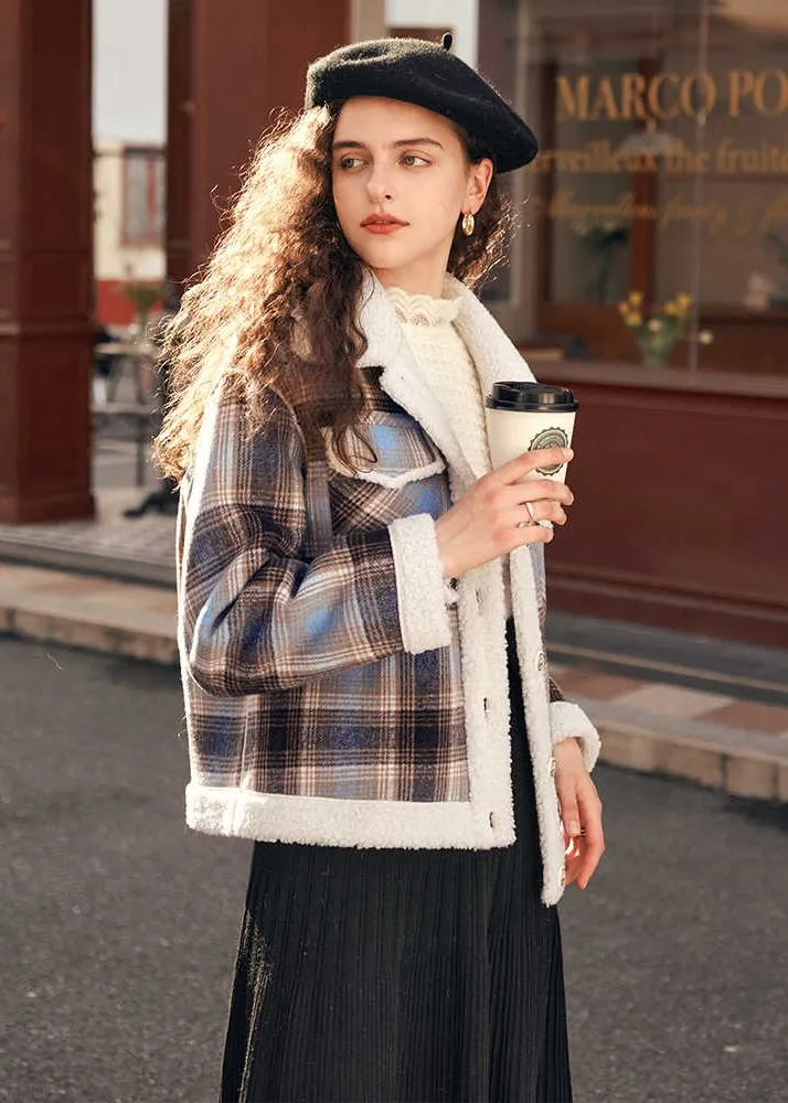 Classic Plaid Wool Fur Button Short Jacket