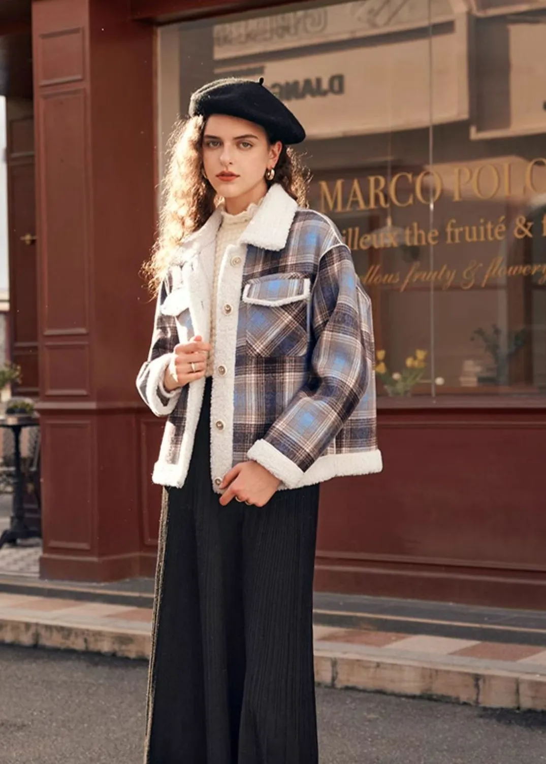 Classic Plaid Wool Fur Button Short Jacket