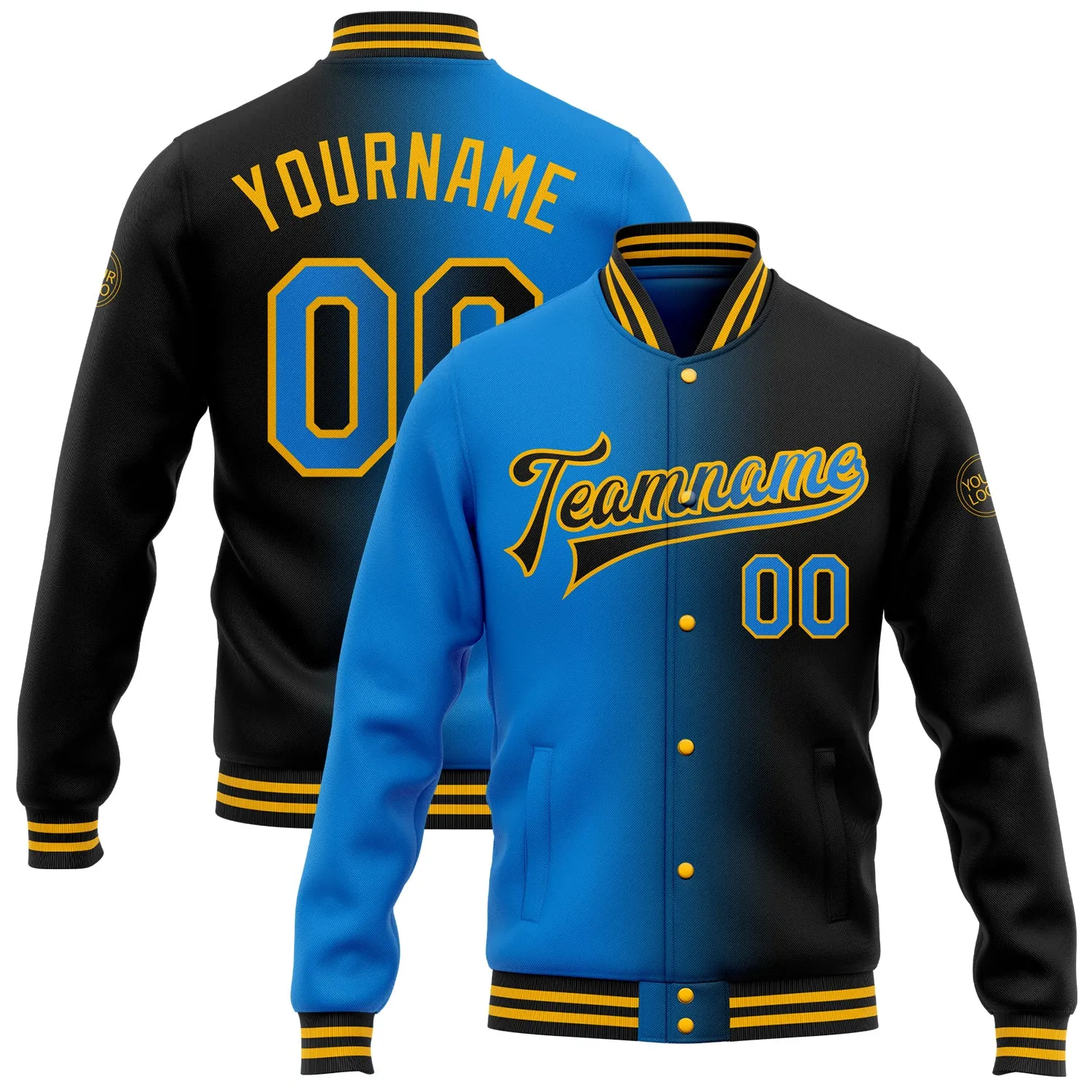 Custom Black Powder Blue-Gold Bomber Full-Snap Varsity Letterman Gradient Fashion Jacket