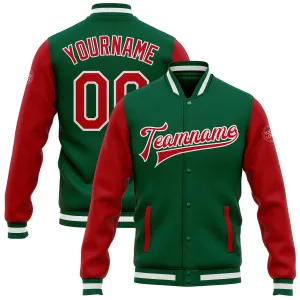 Custom Kelly Green Red-White Bomber Full-Snap Varsity Letterman Two Tone Jacket