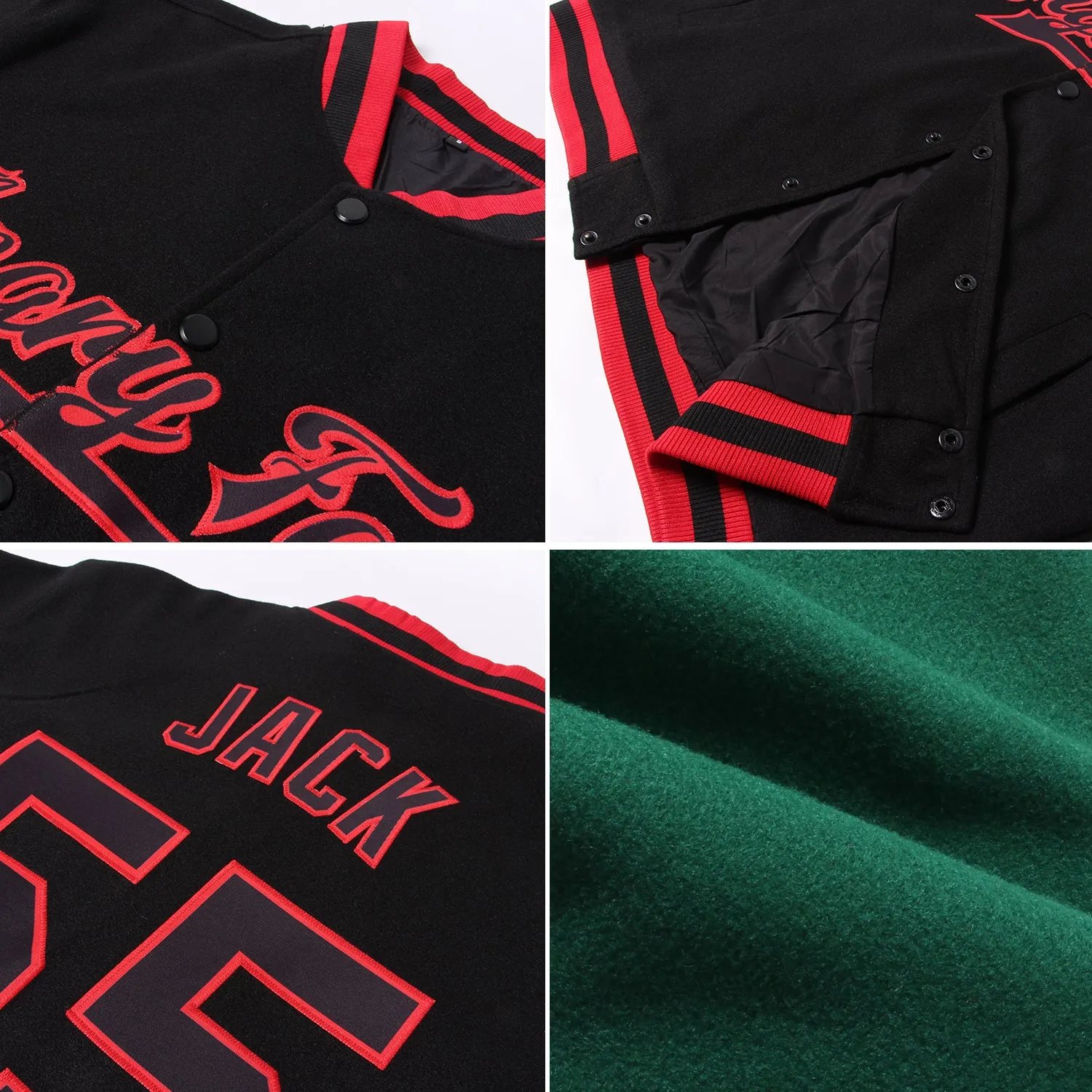 Custom Kelly Green Red-White Bomber Full-Snap Varsity Letterman Two Tone Jacket