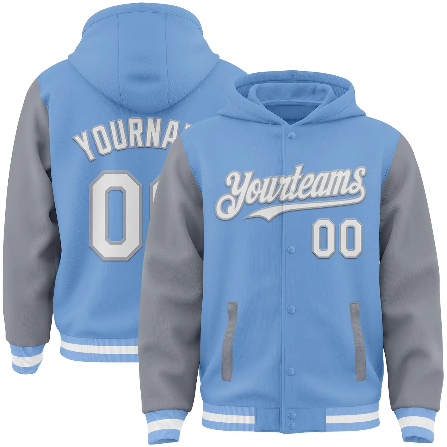 Custom Light Blue White-Gray Bomber Full-Snap Varsity Letterman Two Tone Hoodie Jacket