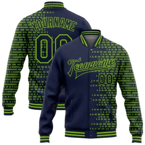 Custom Navy Neon Green Halftone 3D Pattern Design Bomber Full-Snap Varsity Letterman Jacket