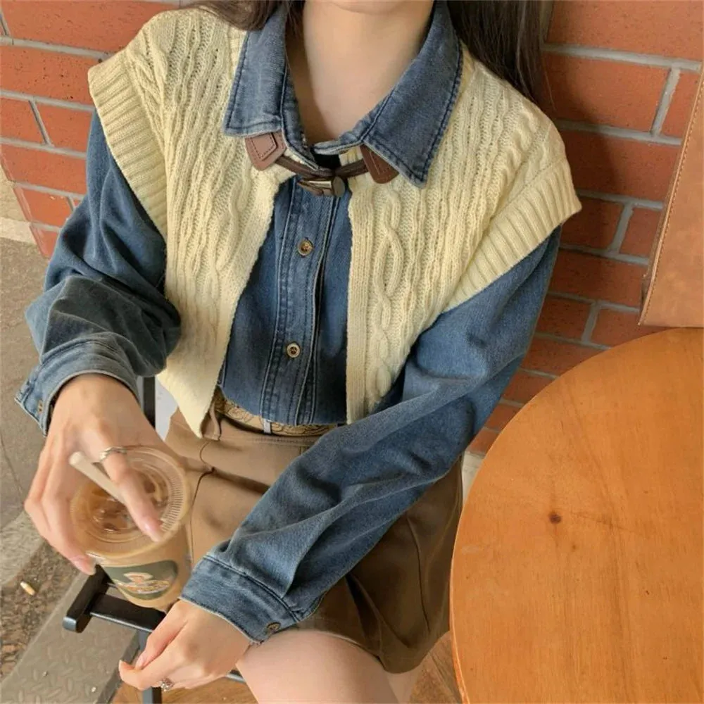 Girlary High Street Vintage Denim Shirts With Knitted Cardigans Vest Spring 2024 Loose Chic New Slim Casual Daily Office Lady