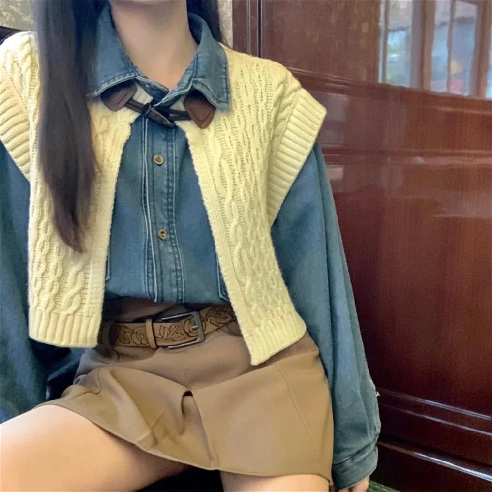 Girlary High Street Vintage Denim Shirts With Knitted Cardigans Vest Spring 2024 Loose Chic New Slim Casual Daily Office Lady