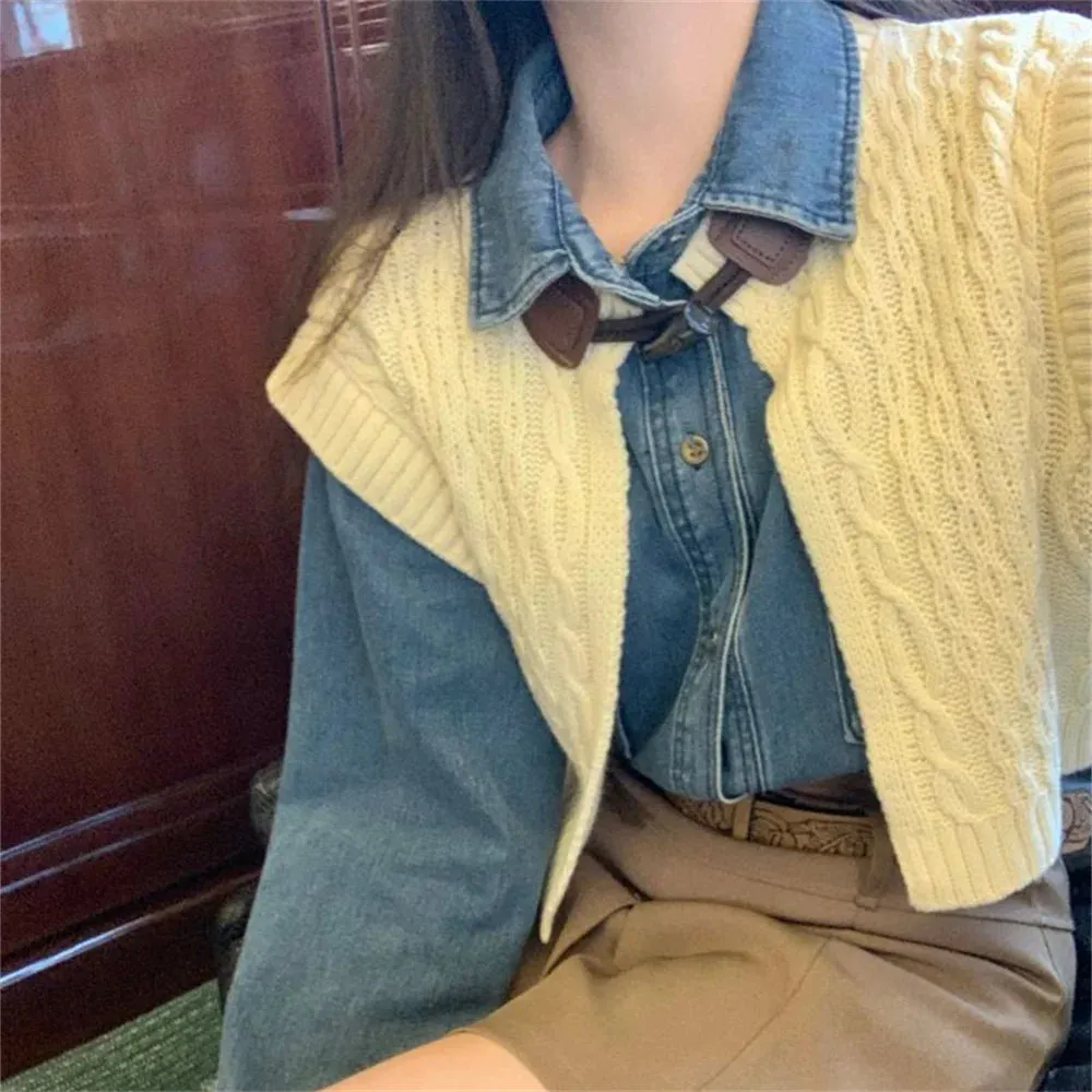 Girlary High Street Vintage Denim Shirts With Knitted Cardigans Vest Spring 2024 Loose Chic New Slim Casual Daily Office Lady