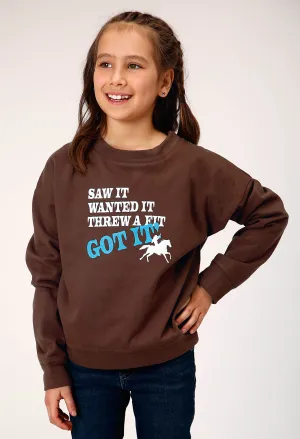 GIRLS LONG SLEEVE DARK BROWN COTTON FLEECE WESTERN T SHIRT WITH SCOOP NECK SCREEN PRINT DECORATION