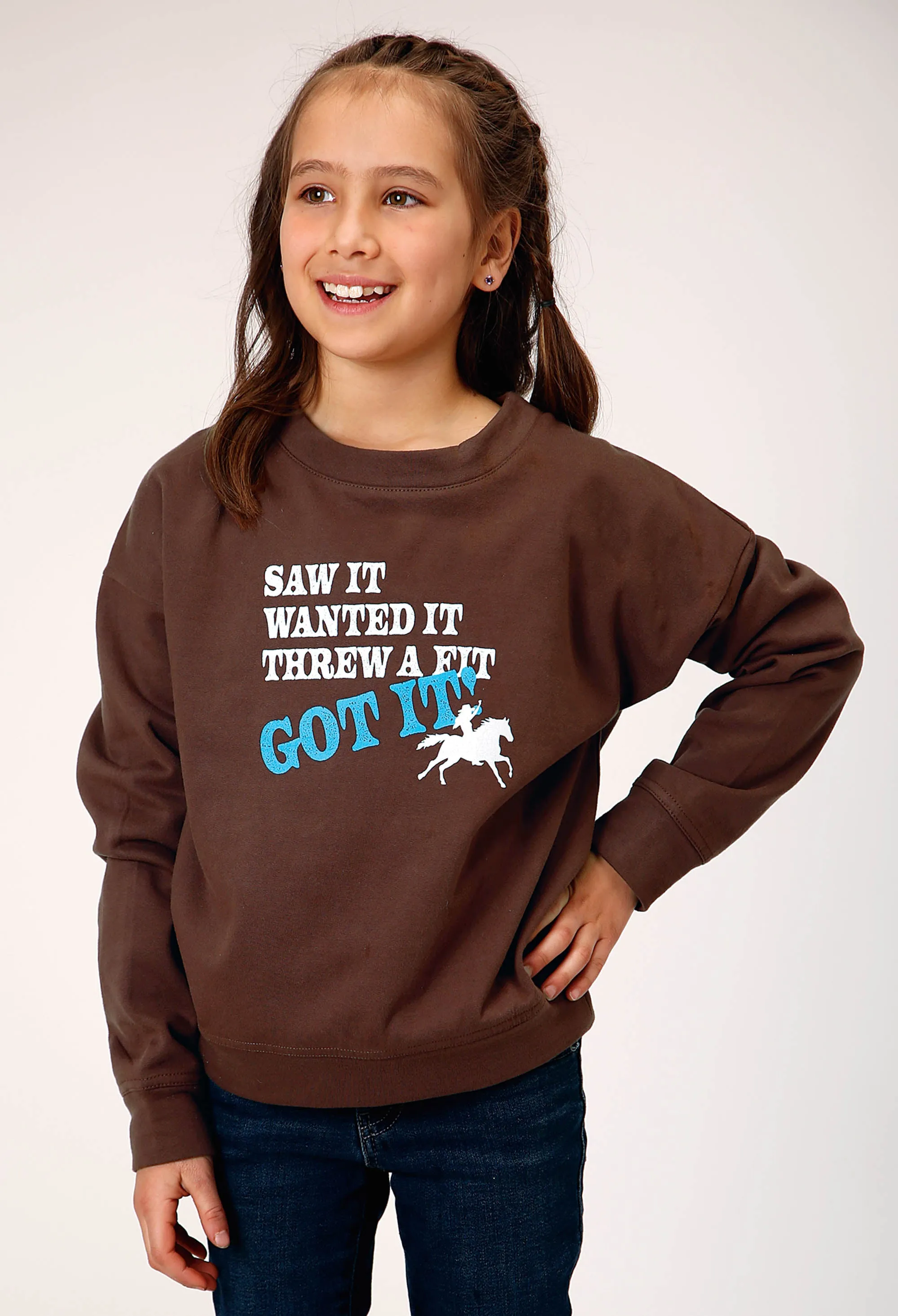 GIRLS LONG SLEEVE DARK BROWN COTTON FLEECE WESTERN T SHIRT WITH SCOOP NECK SCREEN PRINT DECORATION