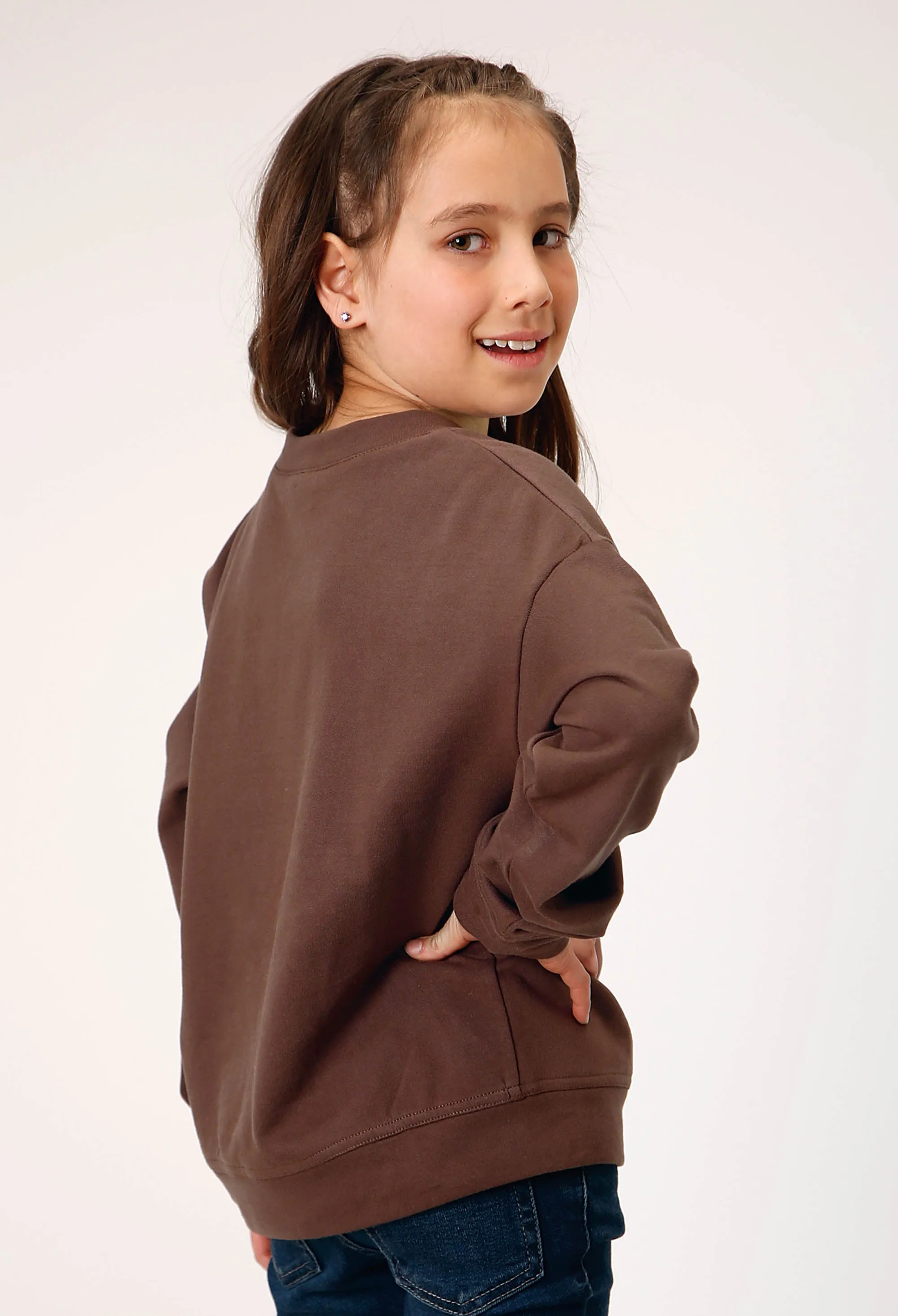 GIRLS LONG SLEEVE DARK BROWN COTTON FLEECE WESTERN T SHIRT WITH SCOOP NECK SCREEN PRINT DECORATION