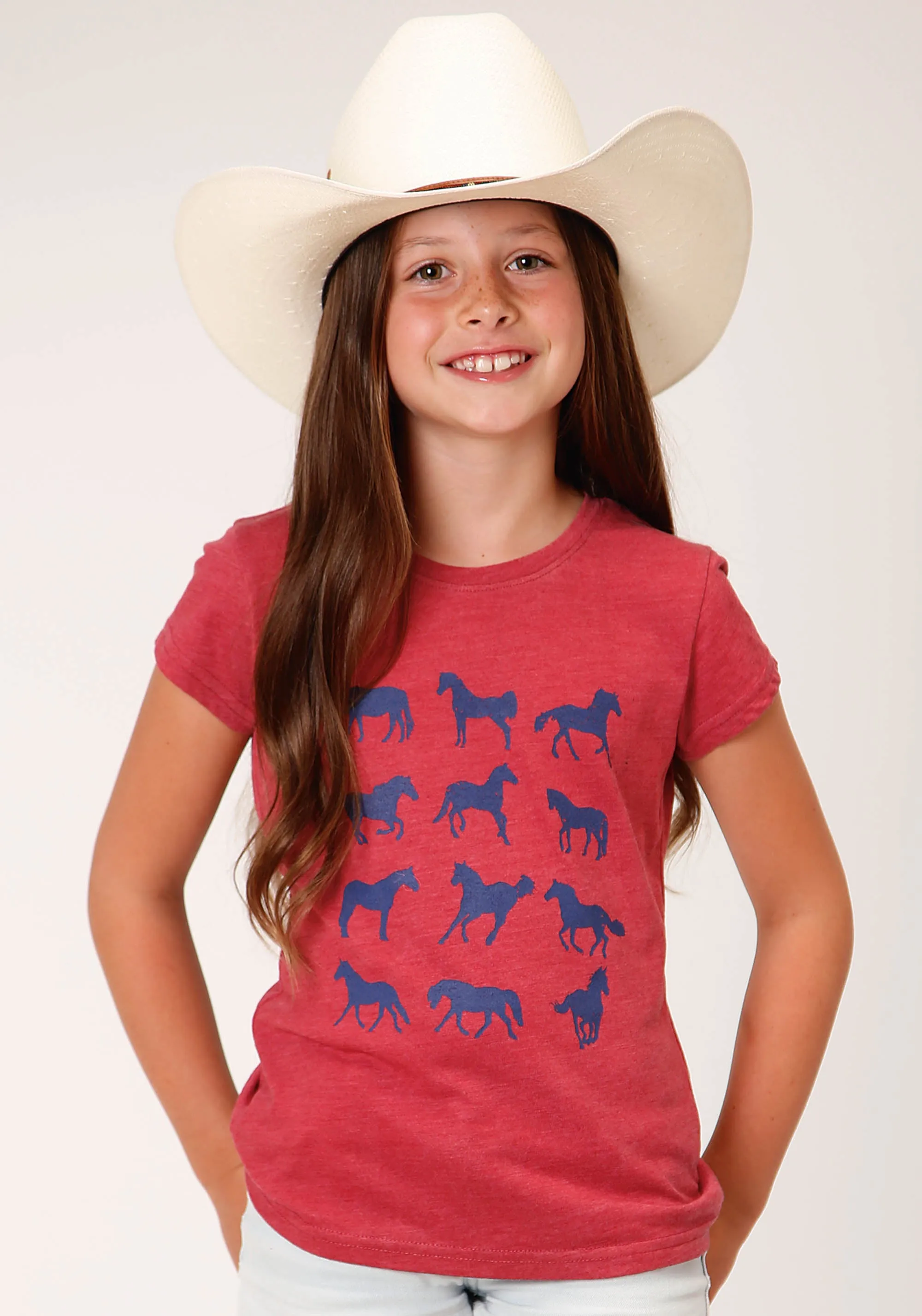 GIRLS SHORT SLEEVE RED POLY RAYON WESTERN T SHIRT WITH SCOOP NECK AND SCREEN PRINT DECORATION