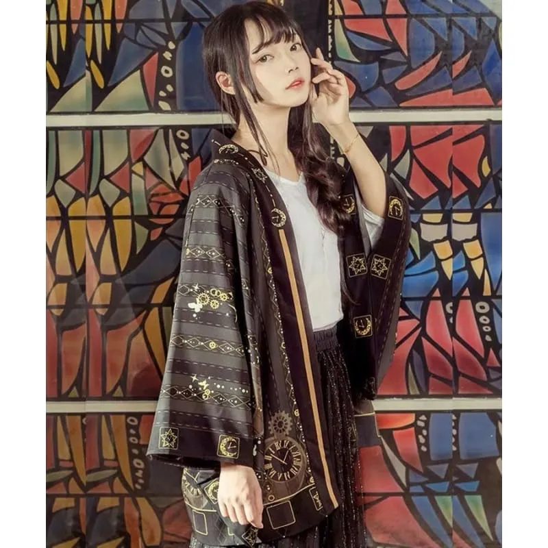 Golden Vintage Clock Kimono Cardigan