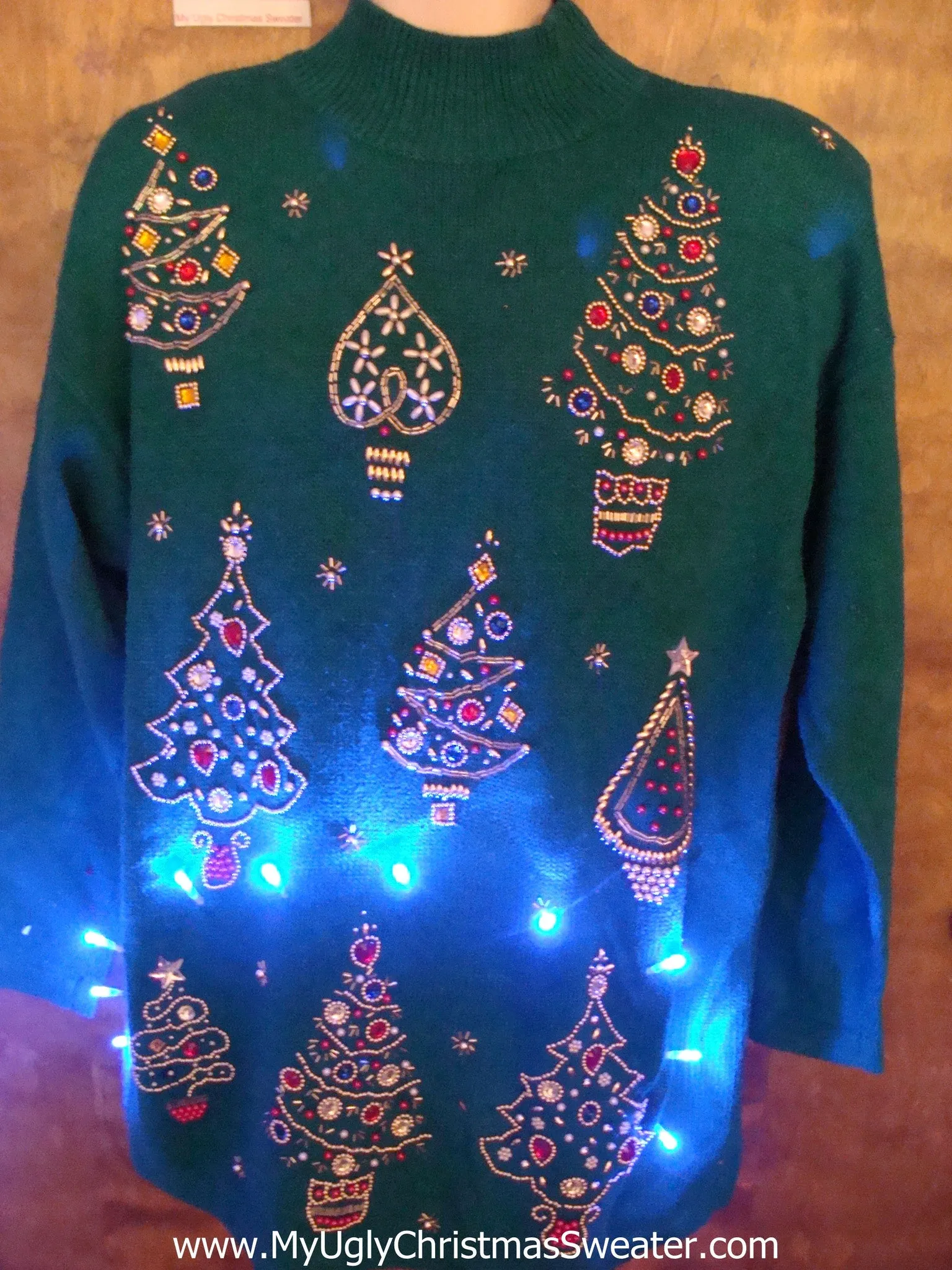 Green 80s Bling Trees Light Up Ugly Xmas Sweater