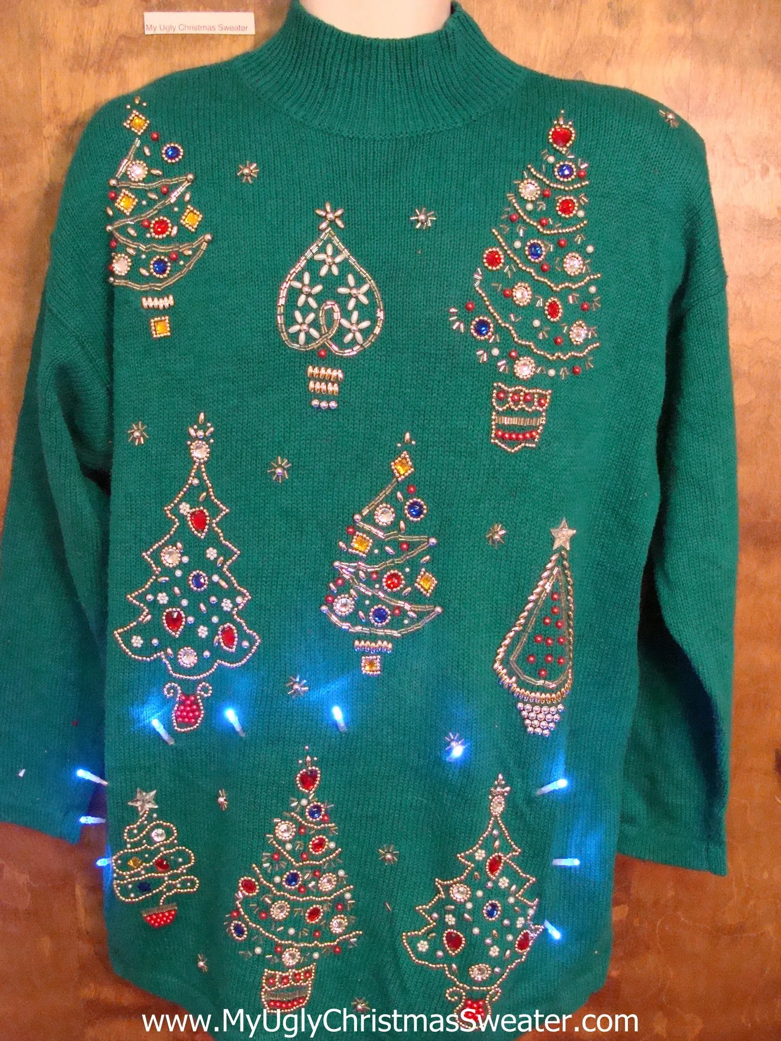 Green 80s Bling Trees Light Up Ugly Xmas Sweater