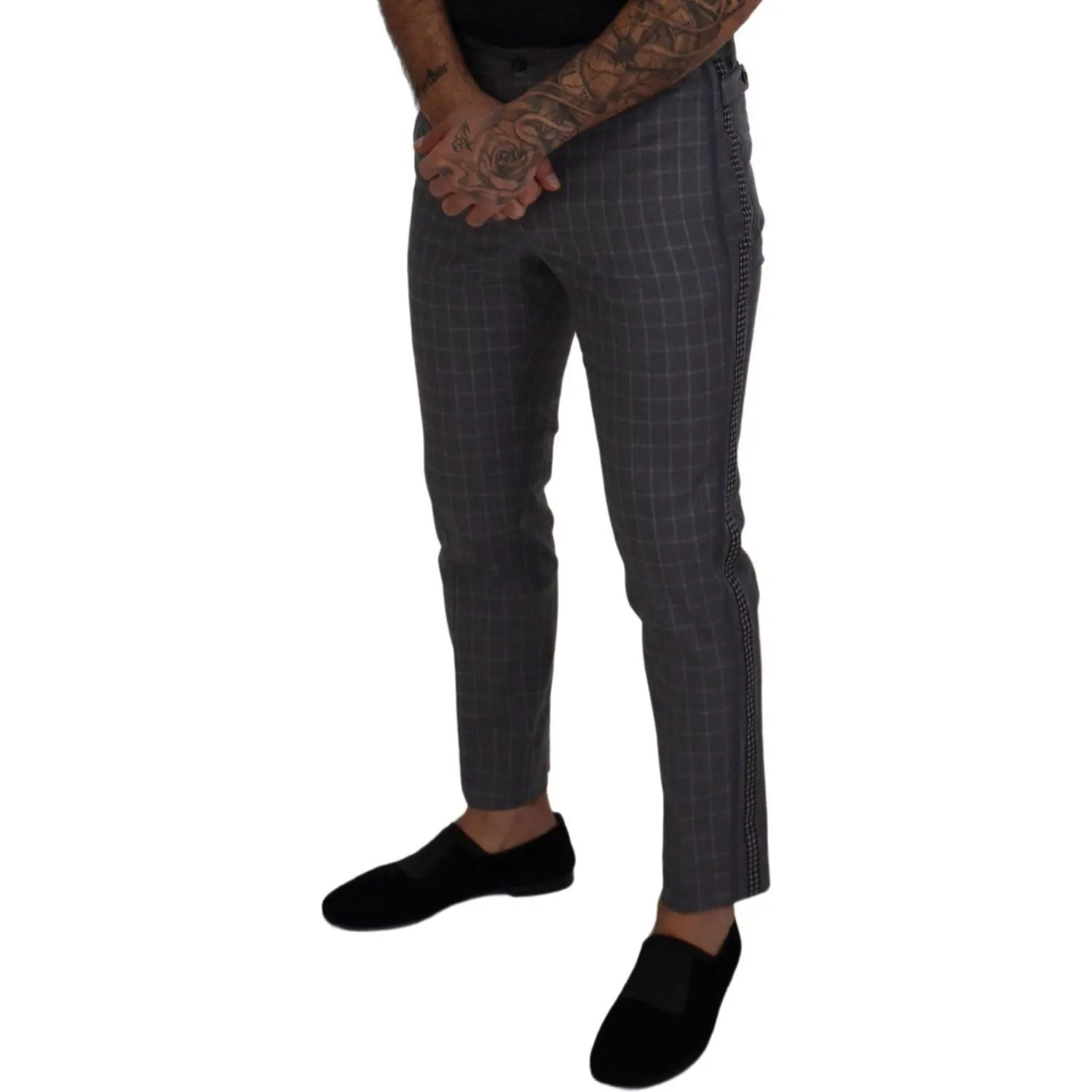 Grey Cotton Checkered Chino Pants