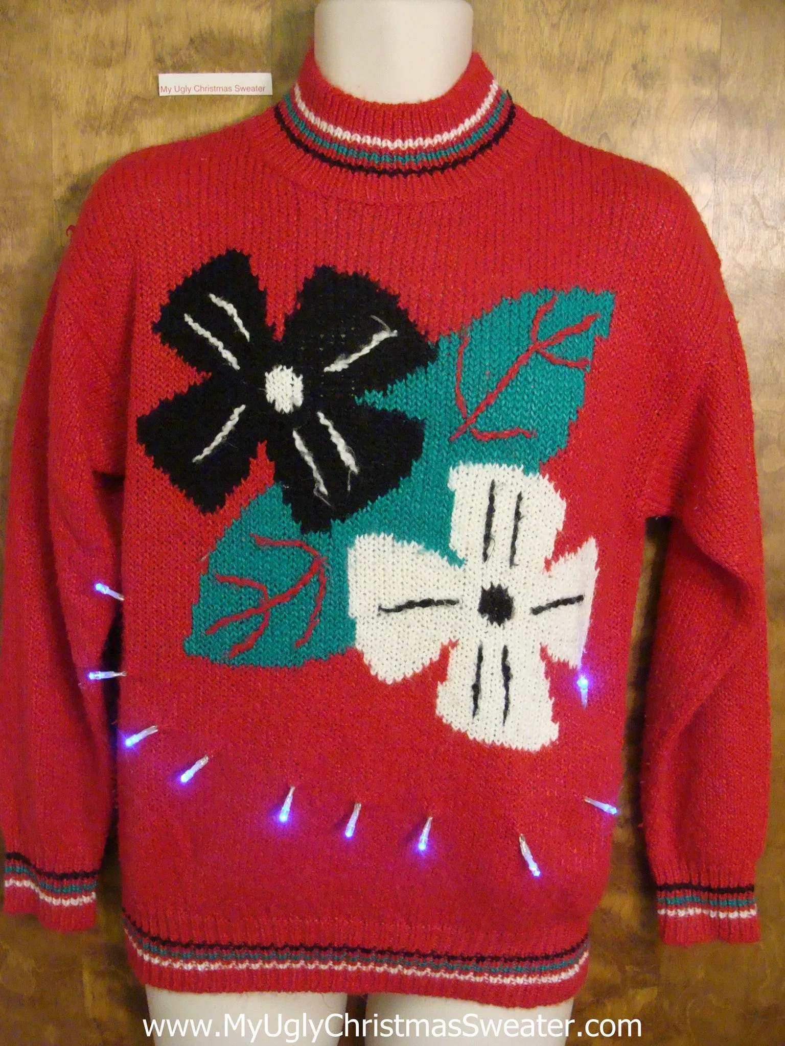 Horrible Crazy Poinsettias 80s Light Up Ugly Xmas Sweater