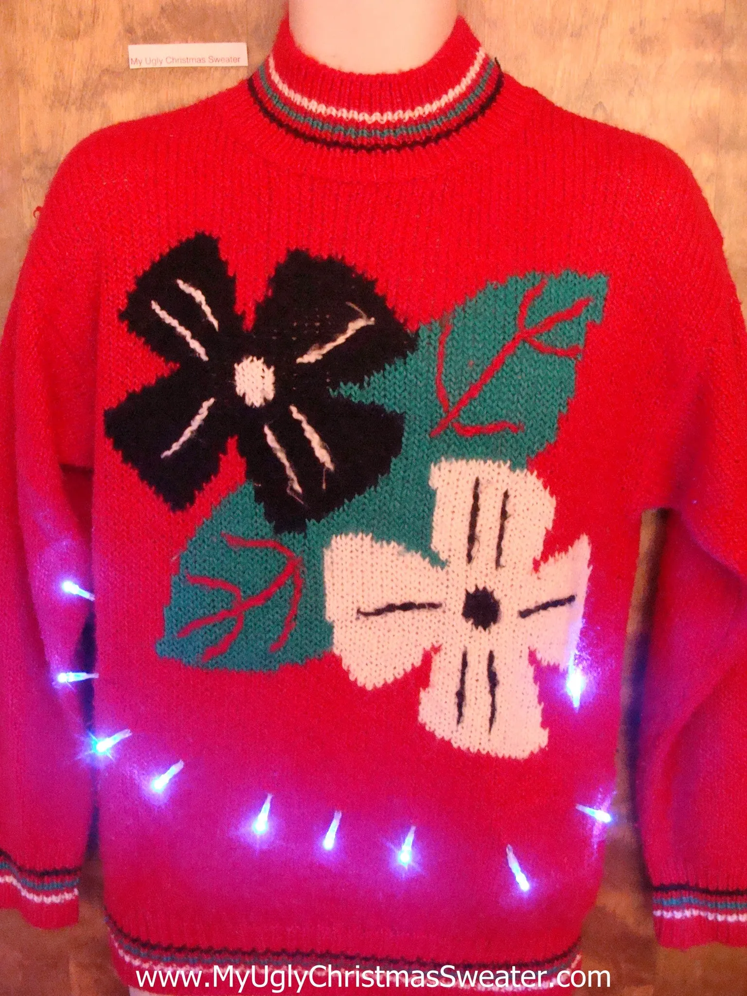 Horrible Crazy Poinsettias 80s Light Up Ugly Xmas Sweater