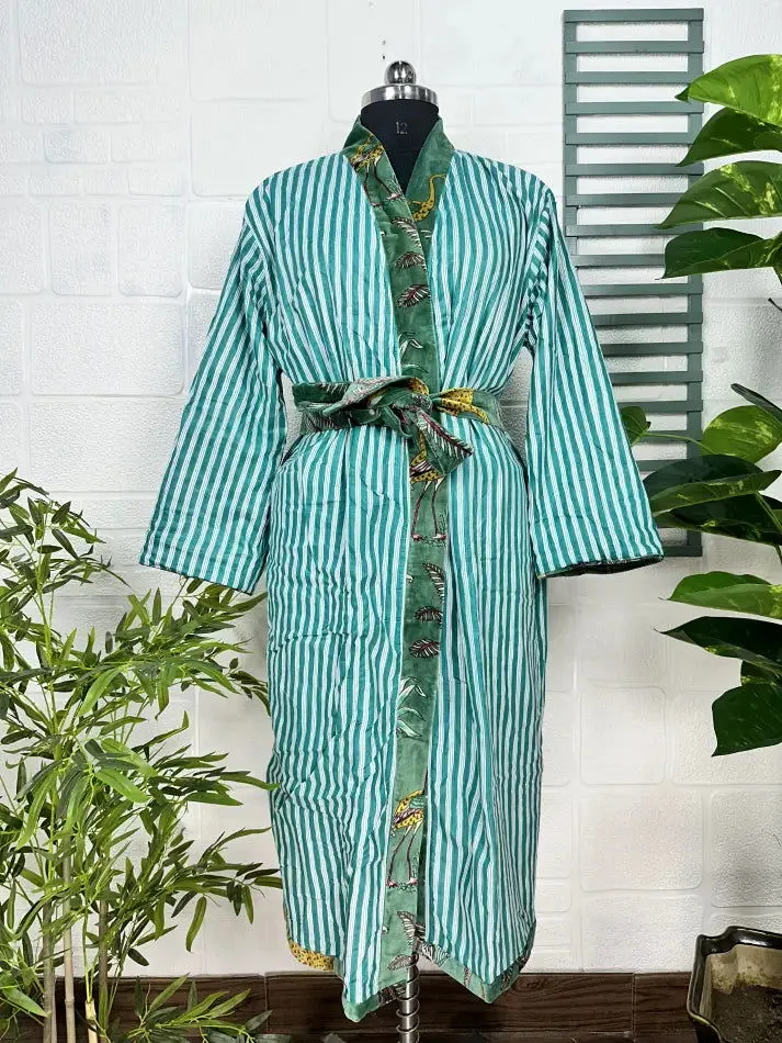 Luxury Velvet House Robe Unisex Kimono Jacket Reversible Silk Lined Autumn Winter Gift Elegant Jungle Green Malibu Bluish Valentine Love