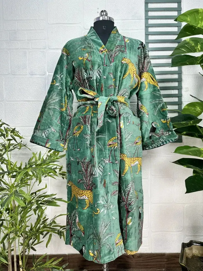 Luxury Velvet House Robe Unisex Kimono Jacket Reversible Silk Lined Autumn Winter Gift Elegant Jungle Green Malibu Bluish Valentine Love