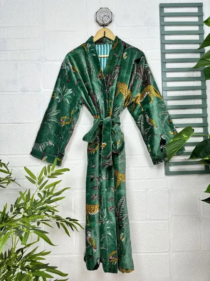 Luxury Velvet House Robe Unisex Kimono Jacket Reversible Silk Lined Autumn Winter Gift Elegant Jungle Green Malibu Bluish Valentine Love