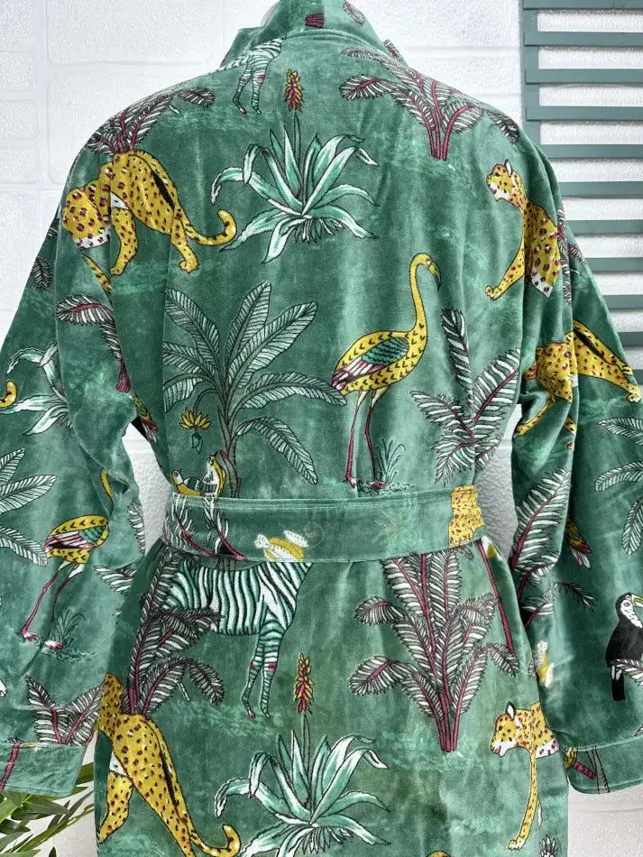 Luxury Velvet House Robe Unisex Kimono Jacket Reversible Silk Lined Autumn Winter Gift Elegant Jungle Green Malibu Bluish Valentine Love