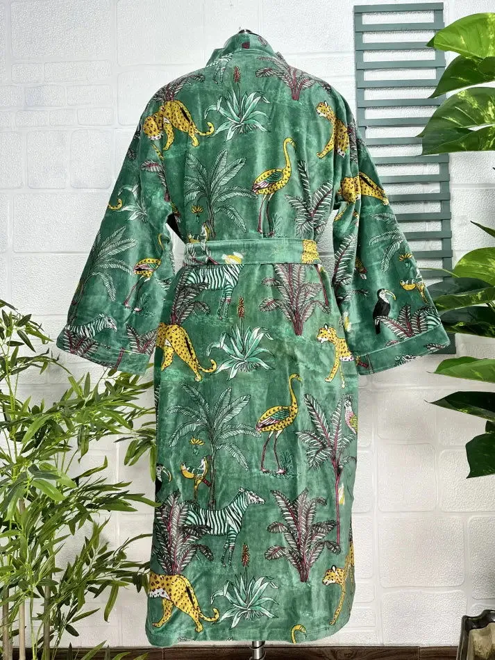 Luxury Velvet House Robe Unisex Kimono Jacket Reversible Silk Lined Autumn Winter Gift Elegant Jungle Green Malibu Bluish Valentine Love