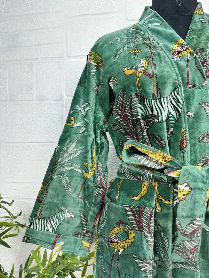 Luxury Velvet House Robe Unisex Kimono Jacket Reversible Silk Lined Autumn Winter Gift Elegant Jungle Green Malibu Bluish Valentine Love