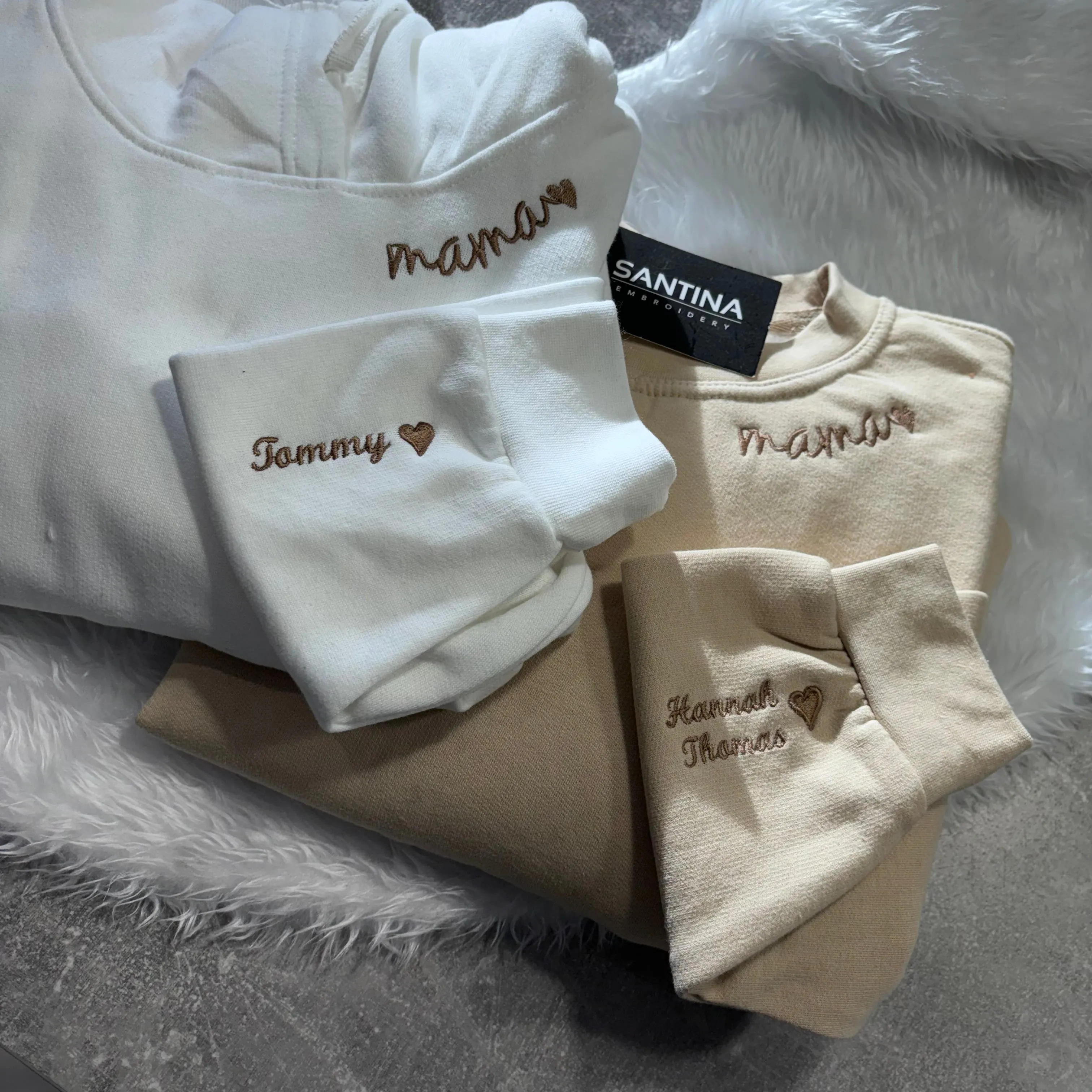 mama neckline embroidered sweatshirt or hoodie, childrens name on sleeve