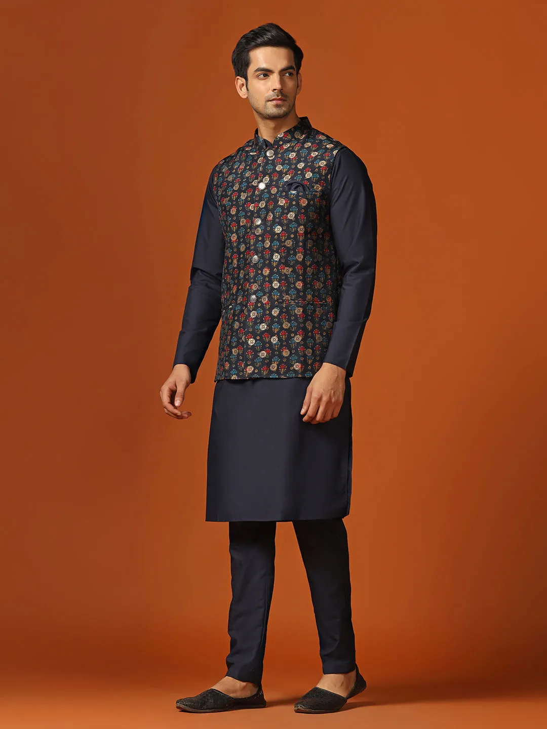 Men Blue Kurta Jacket Trouser Set